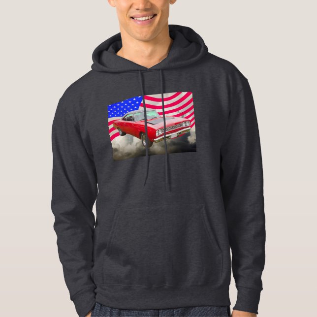 1968 Plymouth Roadrunner And American Flag Hoodie (Front)