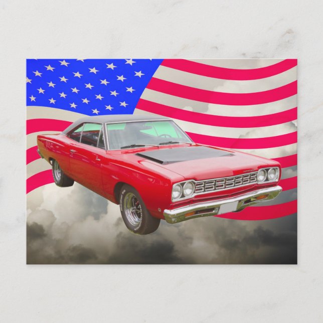 1968 Plymouth Roadrunner And American Flag Postcard (Front)