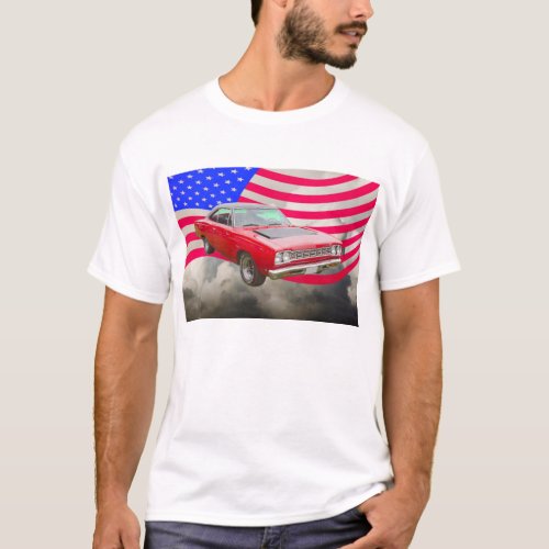 1968 Plymouth Roadrunner And American Flag T_Shirt