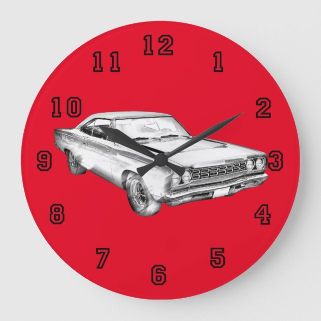 1968 Plymouth Roadrunner Muscle Car Illustration Large Clock (Front)