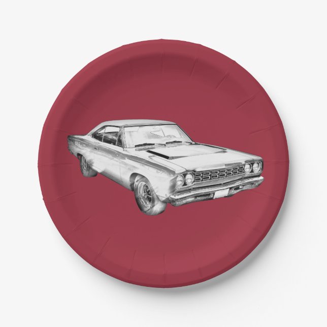 1968 Plymouth Roadrunner Muscle Car Illustration Paper Plates (Front)