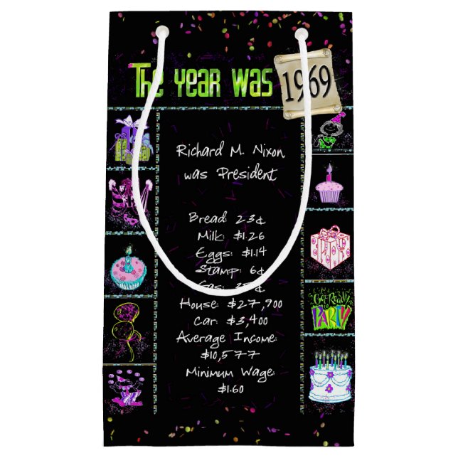 1969 Birth Year Trivia on Black Small Gift Bag (Front)