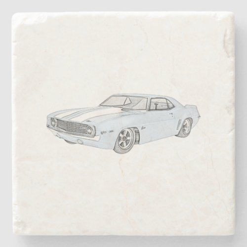 1969 Blue Chevy Camaro Pencil Style Drawing Stone Coaster