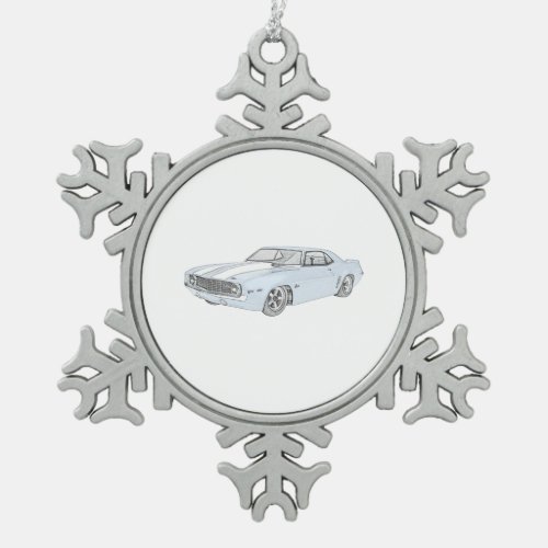 1969 Chevy Camaro Baby Blue with White Stripe Snowflake Pewter Christmas Ornament