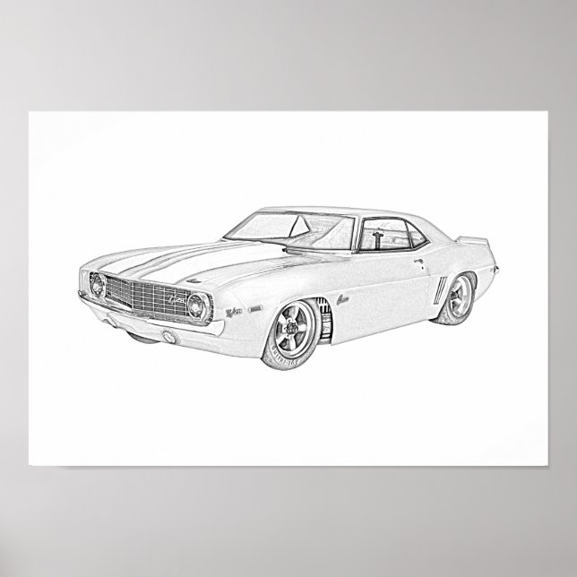 1969 Chevy Camaro Pencil Style Black and White Poster (Front)