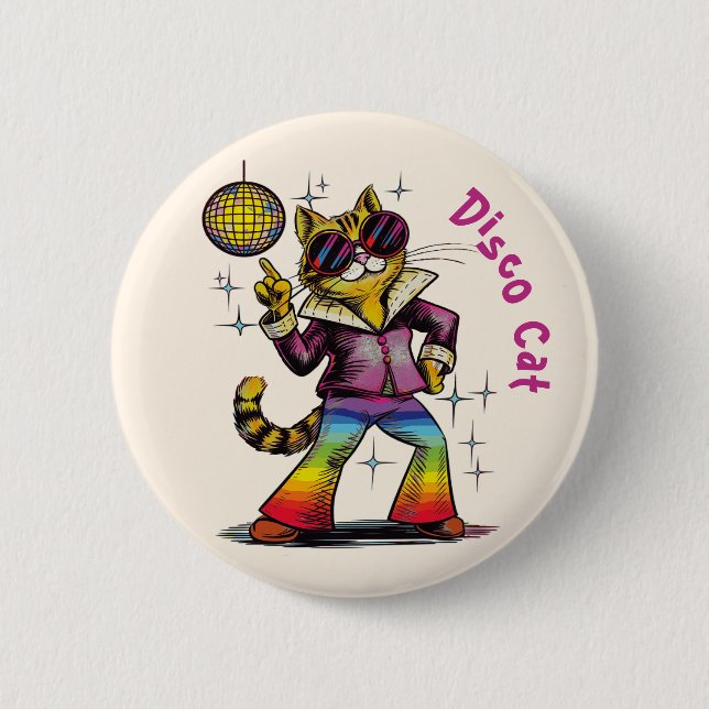 1970's Disco cat, seventies style discotech Button (Front)