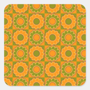 1970s flower power orange and olive green retro square sticker