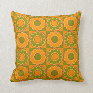 1970s flower power orange and olive green retro throw pillow