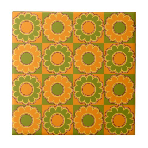 1970s flower power orange and olive green retro tile