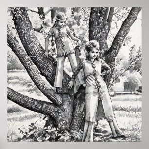 1970s girls Sisters playing in tree art drawing Poster