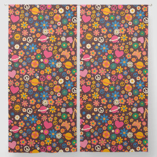 1970s groovy peace sign planet retro hippie brown blackout curtains