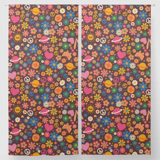 1970s groovy peace sign planet retro hippie brown blackout curtains (Pair)