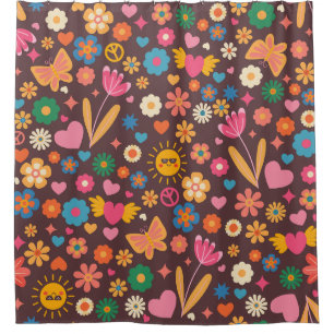 1970s groovy peace sign sun vintage hippie brown shower curtain