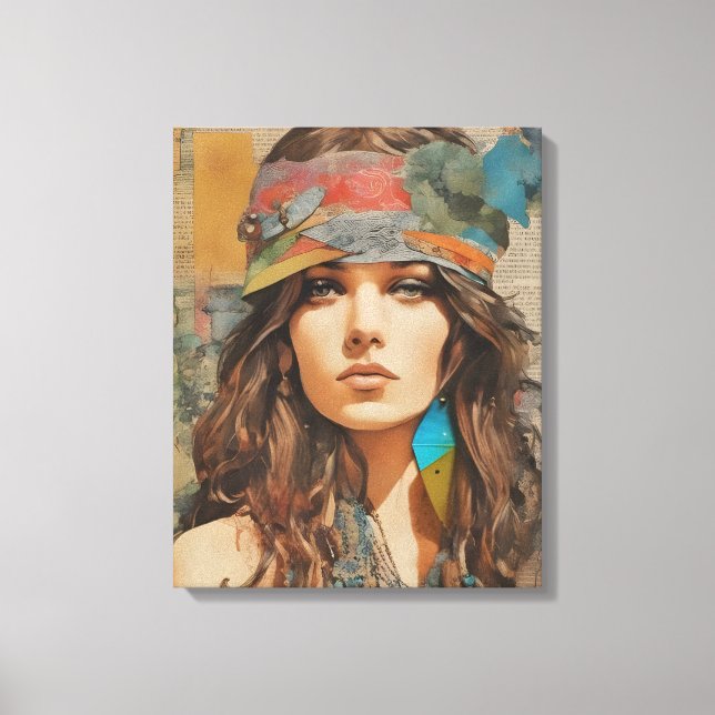 1970s Hippie Woman Collage Canvas Print (Front)