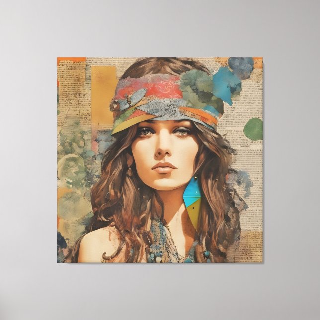 1970s Hippie Woman Collage Canvas Print (Front)