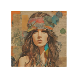 1970s Hippie Woman Collage Wood Wall Art