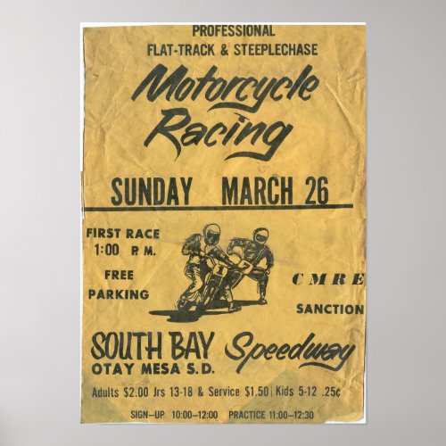 1970s Motorcycle South Bay Speedway Race Poster