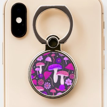 1970s Mushrooms Florals Retro Pink  Purple & Black Phone Ring Stand by dulceevents at Zazzle