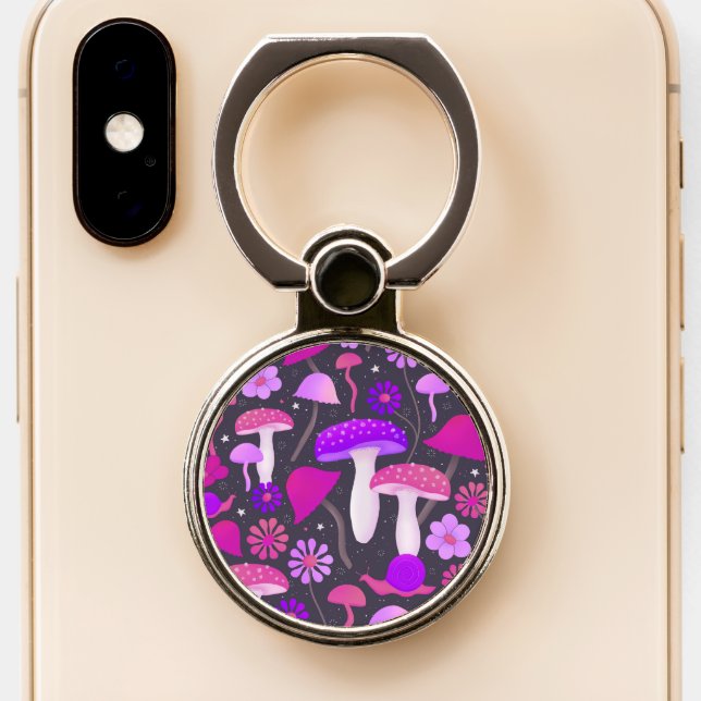 1970s Mushrooms Florals Retro Pink, Purple & Black Phone Ring Stand (Close Up)