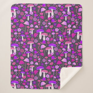 1970s Mushrooms & Flowers Pink, Purple & Black Sherpa Blanket