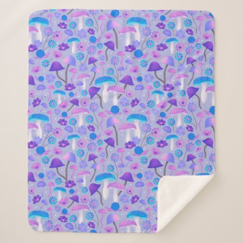 1970s Mushrooms Flowers Woodland Purple Blue Sherpa Blanket