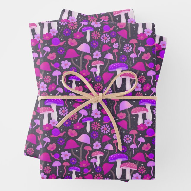 1970s Mushrooms Psychedelic Pink, Purple & Black Wrapping Paper Sheets (In situ)