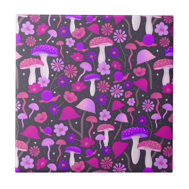 1970s Mushrooms Psychedelic Purple, Pink & Black Ceramic Tile (Front)