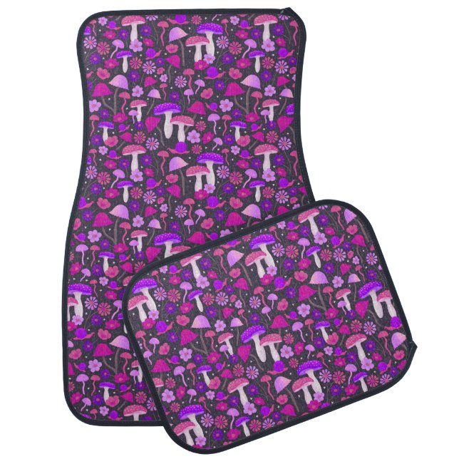 1970s Mushrooms Retro Purple, Pink, & Black Car Floor Mat (Set)