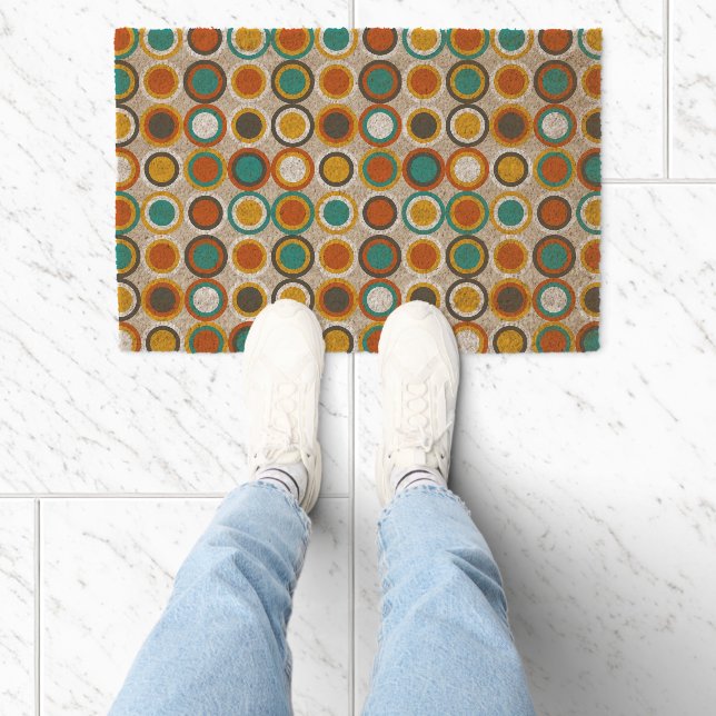 1970s Orange Brown Teal Retro Circles Pattern Fiber Doormat (Insitu)