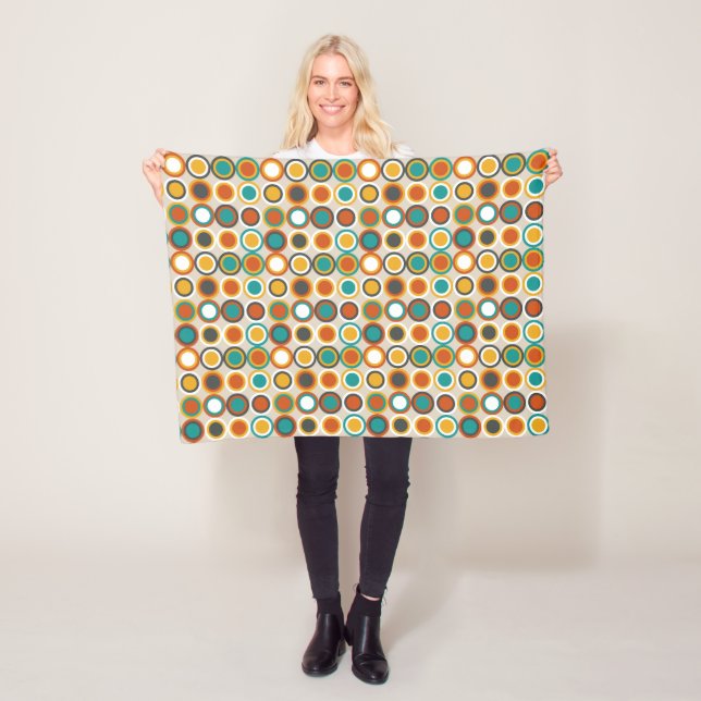 1970s Orange Brown Teal Retro Circles Pattern Fleece Blanket (In Situ)