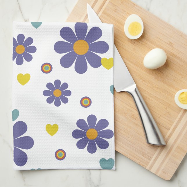 1970s Purple Flower Power Retro Pattern Kitchen Towel (Quarter Fold)
