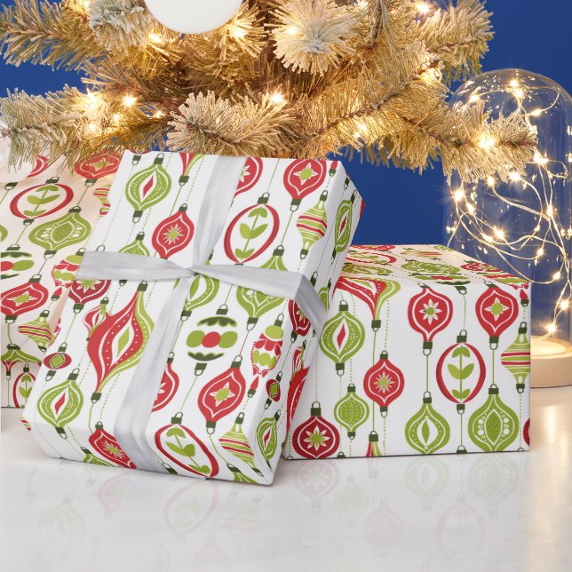 1970's Red & Green Style Christmas Ornaments Wrapping Paper (Holidays)