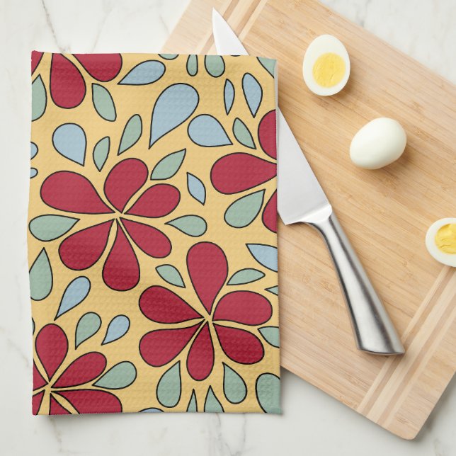 1970s Retro Abstract Flowers Red Blue Green Yellow Kitchen Towel (Quarter Fold)