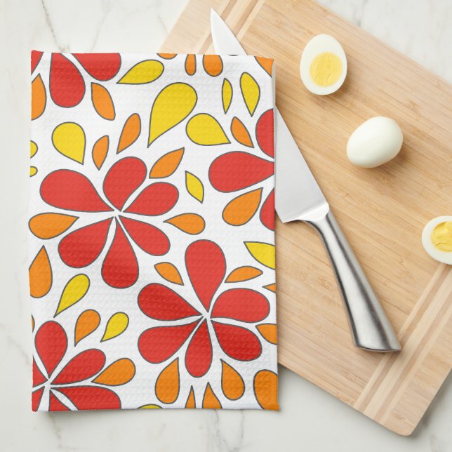 1970s Retro Abstract Flowers Red Orange Yellow Kitchen Towel (Quarter Fold)