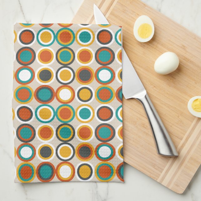 1970s Retro Circles Pattern Orange Brown Teal Kitchen Towel (Quarter Fold)