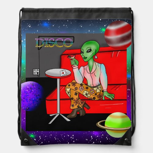 1970s Retro Extraterrestrial in Disco Lounge Drawstring Bag