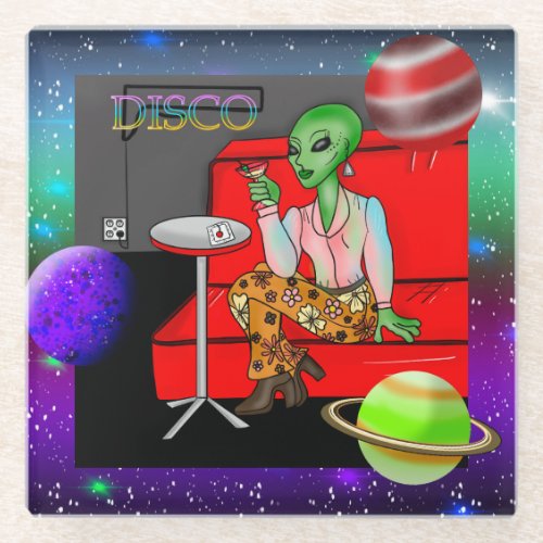 1970s Retro Extraterrestrial in Disco Lounge Glass Coaster
