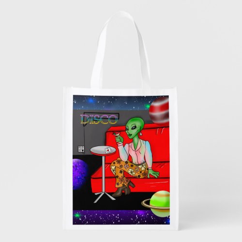 1970s Retro Extraterrestrial in Disco Lounge Grocery Bag