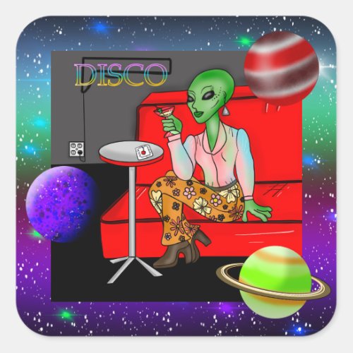 1970s Retro Extraterrestrial in Disco Lounge Square Sticker