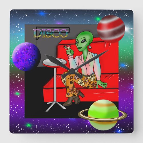 1970s Retro Extraterrestrial in Disco Lounge Square Wall Clock