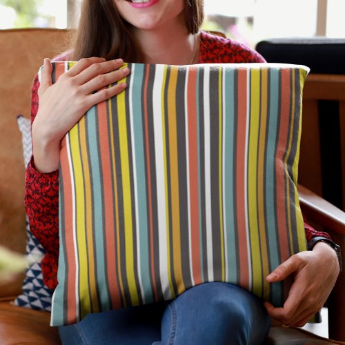 1970s Retro Orange Brown Aqua White Striped  Throw Pillow