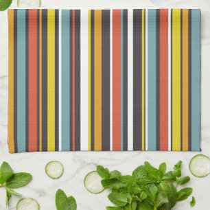 1970s Retro Orange Brown Aqua Yellow Stripes Kitchen Towel