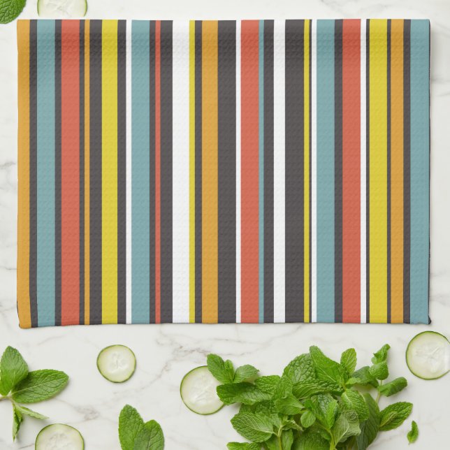 1970s Retro Orange Brown Aqua Yellow Stripes Kitchen Towel (Folded)