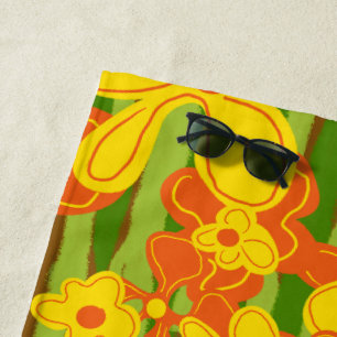 1970s Retro Orange Yellow  Flowers Beach Towel