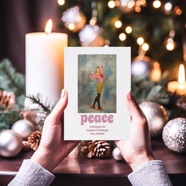 1970s Retro Pink Peace Message Photo Holiday  Letterpress Photo Cards (Creator Uploaded)
