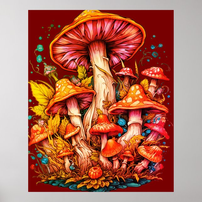 1970s Vibe Mushrooms on Brown Background on a Wall Poster (Front)