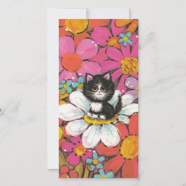 1970s Vintage Spring Kitten Cat On A Flower Holiday Card (Front)