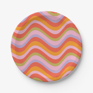 1970s Wavy Stripes, Orange Pink Red Purple Green Paper Plates