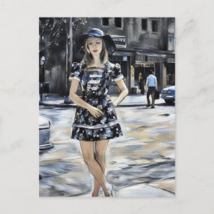 1970s woman wearing sun hat mini dress in city art postcard