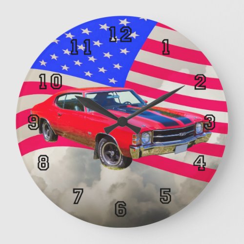 1971 chevrolet Chevelle SS And American Flag Large Clock